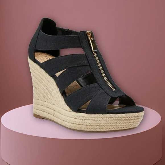 Merona Shoes - Merona | Canvas Strappy Style Wedge Heels | Zipper Front | Black | 8